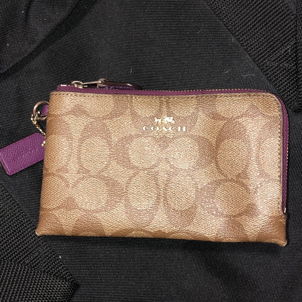 Coach Double Zip Wallet Brown and Purple